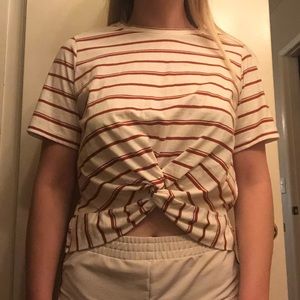 Cropped Tie Cinched Striped Red & White